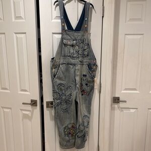 Blue Velvet Boho Embroidered Denim Overalls